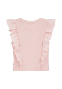 Rosa ribbad topp med volangärmar. Har en rundad halsringning och en figursydd design som betonar textur och form utan dekorationer.