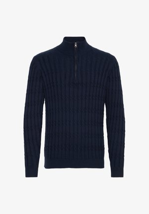 Tumesinine kootud sviiter poole tõmblukuga kaeluses, millel on tekstuurne nööride muster ning soonikkoes mansetid ja ääred. Sobib kihiliseks kandmiseks.