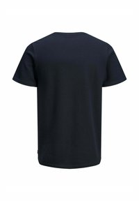 Mørkeblå, kortærmet T-shirt med struktureret overflade, rund halsudskæring og lige kant. Ingen synlige logoer eller mønstre.