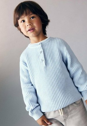 Hellblauer gerippter Pullover mit rundem Ausschnitt und Knopf-Details, kombiniert mit hellen Hosen, vor einem neutralen Hintergrund präsentiert.