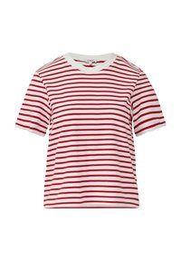 T-shirt à manches courtes rayé rouge et blanc avec un col rond ; fabriqué en tissu doux. Présente des rayures régulières et une coupe décontractée.
