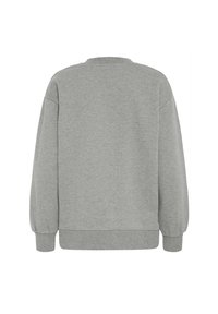 Sudadera de cuello redondo en gris claro, vista desde la parte de atrás, con mangas largas y puños y dobladillo acanalados.