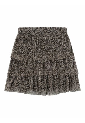 Jupe à volants en imprimé léopard avec un tissu doux et texturé dans une palette de couleurs noire et beige. Taille élastique pour un enfilage facile.