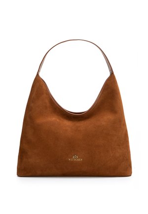 Sac bandoulière en daim marron avec une seule sangle et le logo Wittchen doré centré près du bas.