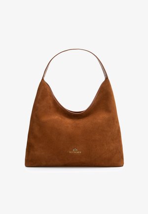 Bolso de hombro de ante marrón con una sola correa y el logo dorado de Wittchen centrado cerca de la parte inferior.