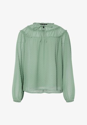 Mintgroene blouse met een textuurpatroon van stippen, gathered halslijn en lange mouwen met elastische manchetten. Lichte en semi-doorzichtige stof.