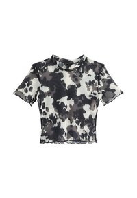 Kurzärmliges, cropped Top im Schwarz-Weiß-Muster mit Camouflage-Druck, aus transparenter Stoff gefertigt, mit gewelltem Saum und rundem Ausschnitt.
