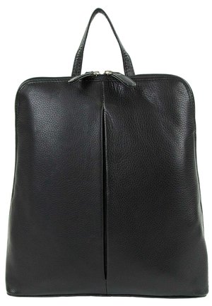 Sac à main en cuir noir texturé avec deux poignées supérieures et une fermeture éclair au centre supérieur.