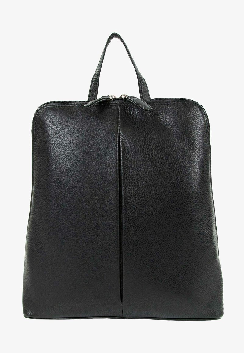 Sac à main en cuir noir texturé avec deux poignées supérieures et une fermeture éclair au centre supérieur.