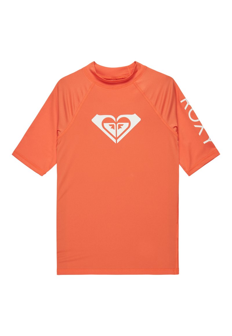 Kortärmad rash guard i stark orange med en vit hjärtlogotyp och Roxy-text på ärmen. Slätt, stretchigt tyg, designat för vattensporter.