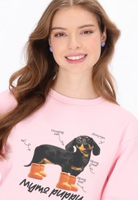 Rózsaszín pulóver fekete tacskó grafikával, amely narancssárga csizmát visel, valamint szöveggel, amely hangsúlyozza a fizikai jellemzőket, például a lelógó füleket és a csillogó szemeket.