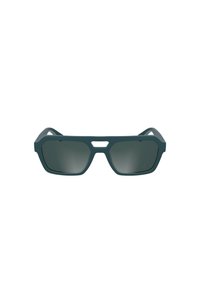 Eckige Sonnenbrille mit einem dunkelgrünen matten Rahmen und grauen Gläsern. Verfügt über einen markanten Ausschnitt in der Brücke und glatte Bügelkanten.
