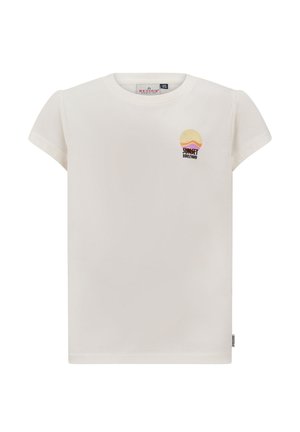Witte katoenen t-shirt met korte mouwen, voorzien van een kleurrafische "Sunset Boulevard" afbeelding van een zon en gelaagde heuvels op de linkerborst.