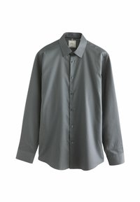 Grau langärmliges Hemd mit Button-Down-Kragen, glattem Stoff und feiner Textur. Verfügt über fünf Knöpfe an der Vorderseite.