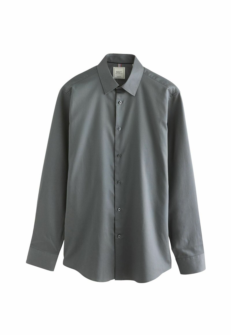 Grau langärmliges Hemd mit Button-Down-Kragen, glattem Stoff und feiner Textur. Verfügt über fünf Knöpfe an der Vorderseite.