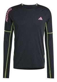 Long-sleeve athletic shirt, black with pink "ADIZERO" logo and green accents. Features a round neckline and contrasting stitching along sleeves.