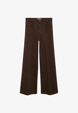 Braune weit geschnittene Jeans mit vier Taschen, Knopfverschluss und Gürtelschlaufen. Der Stoff hat eine glatte Textur und eine einheitliche Farbe ohne Muster.