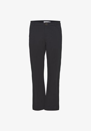 Musta suora lahkeinen housut, jotka on valmistettu sileästä kankaasta. Housuissa on etutaskut ja vyötäröllä kultainen koriste.