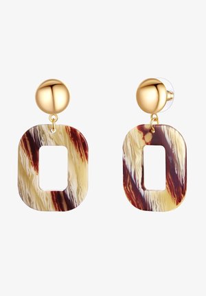 Náušnice zlatého tónu so štvorcovými akrylovými prvkami v mramorovej krémovej a hnedej farbe, s otvorenými obdĺžnikovými tvarmi a textúrovanými povrchmi.