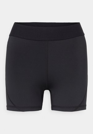 Shorts de sport noirs avec une large ceinture, fabriqués dans un tissu lisse. Présentent des coutures plates et un design ajusté sans motifs visibles.