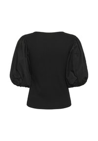Musthave must, mis sobiv keha ja volüümikate puffvarrukatega. Valmistatud tekstuurilisest kangast, millel on ümmargune kaelus ja sirge äär.