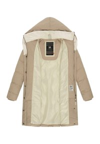 Cappotto imbottito beige con cappuccio removibile. Fodera interna morbida, zip bidirezionale, parte frontale con bottoni e etichette interne in vista.