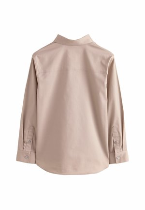 Beige Langarmhemd mit klassischem Kragen, Knopfmanschetten und einem glatten, strukturierten Stoff. Verfügt über einen abgerundeten Saum und minimale Nähdetails.