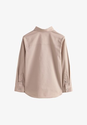 Kreminės spalvos ilgos rankovės marškiniai su klasikinio kirpimo apykakle, mygtukų rankogaliais ir lygia, tekstūruota medžiaga. Ypatybės: apvalus apatinis kraštas ir minimalūs siuvimo detalės.