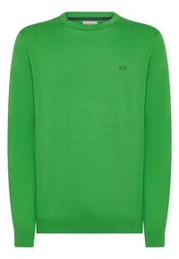Maglione verde lavorato a maglia, design a girocollo, maniche lunghe, polsini e bordo a coste, piccolo logo nero sul lato sinistro del petto, texture liscia.