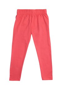 Leggings color corallo realizzati in morbido cotone; presentano una vita elastica e un design aderente senza motivi o accenti visibili.