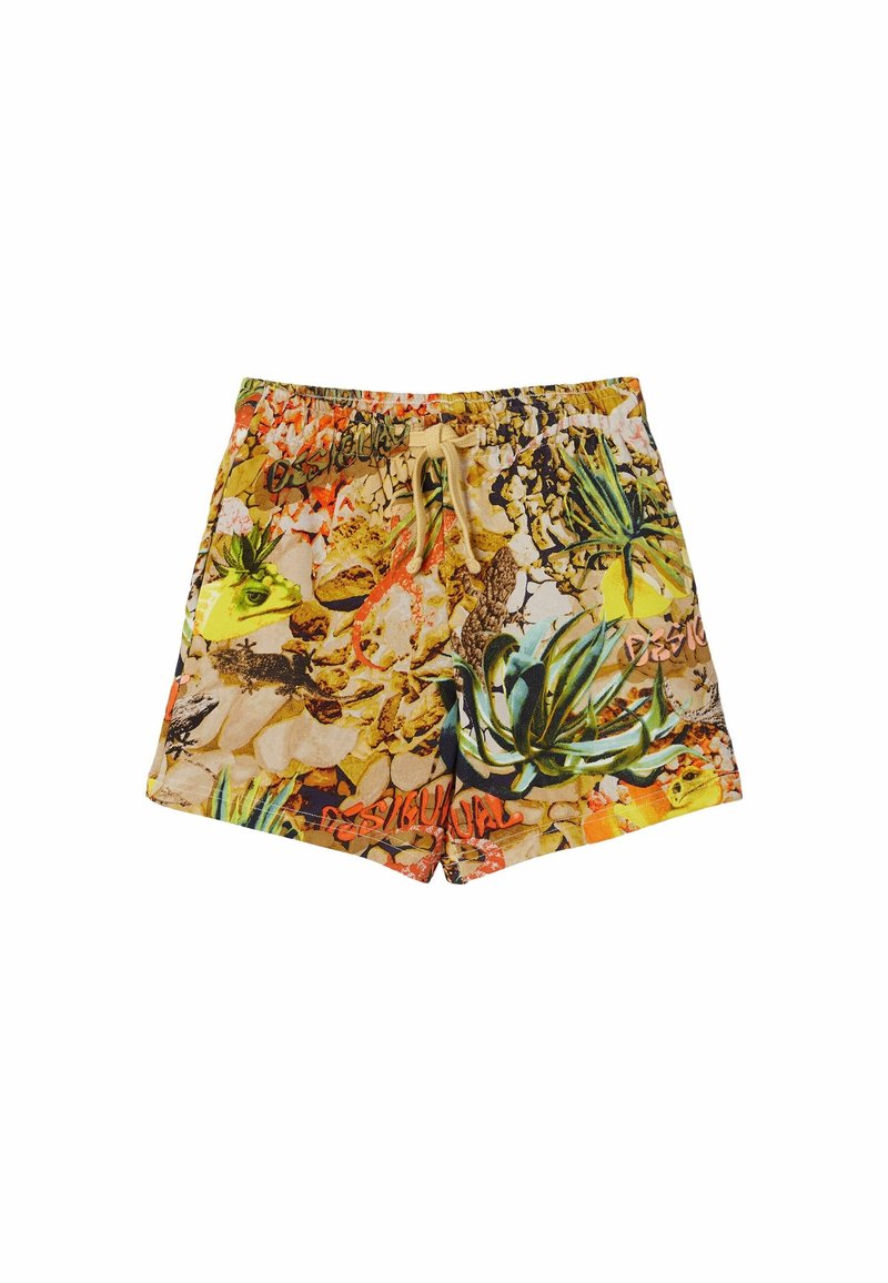 Shorts pour hommes avec imprimé multicolore de reptiles et plantes, taille élastique et cordon beige.
