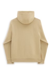 Felpa con cappuccio beige in tessuto morbido, con polsini e orlo a coste e texture liscia, caratterizzata da un cappuccio arrotondato e un design minimale.