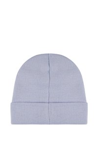 Berretto lavorato a maglia azzurro chiaro con risvolto. Texture liscia e cima arrotondata con un design senza cuciture. Indicato per l'uso in tempo freddo.