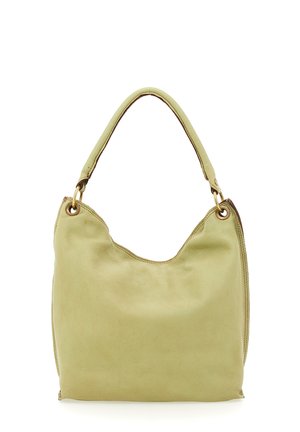 Borsa a spalla in pelle verde con forma arrotondata, una sola tracolla e dettagli in metallo dorato. Tessuto morbido con dettagli di cucitura minimi.