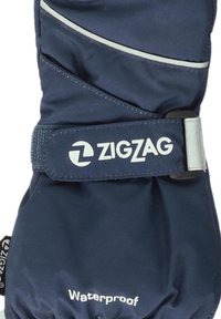 Marinblå vattentät handske med ett zigzag-logo, en säkerhetsrem och kontrasterande sömmar. Slätt syntetmaterial med texturerade detaljer.