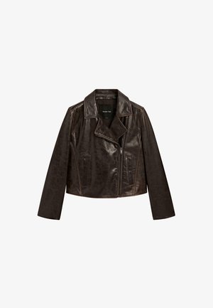 Brune leren cropped jack met een notched collar, ritsluiting en twee voorzakken. Heeft een subtiele textuur en contrasterende stiksels.