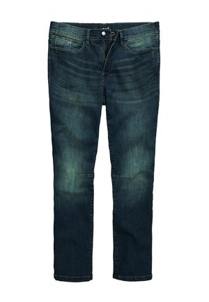 Dunkelblaue Jeans aus Denim mit geradem Bein, ausgestattet mit vorderen Taschen, Reißverschluss und dezenten Auswaschungen.