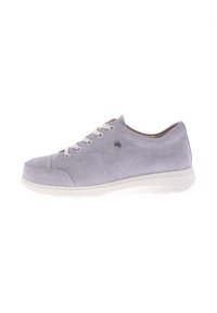 Grey suede sneaker with white rubber sole and round toe. Features white laces and a small logo detail on the side. Smooth texture throughout.