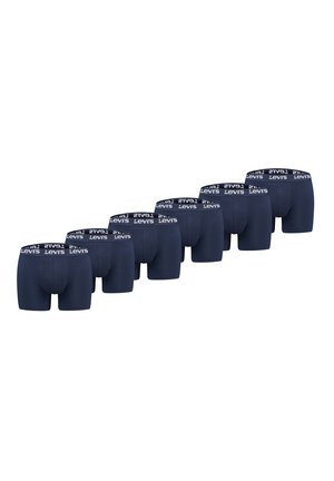 Sieben Paare marineblaue Levi’s Boxershorts, nebeneinandergereiht, die Vorder- und Rückansichten zeigen, mit gebrandeten Taillenbändern.