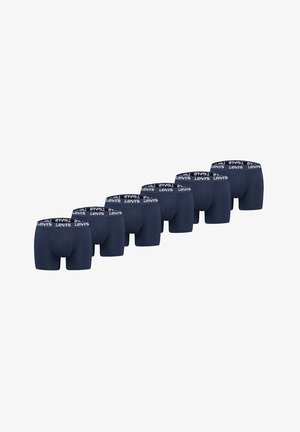 Sieben Paare marineblaue Levi’s Boxershorts, nebeneinandergereiht, die Vorder- und Rückansichten zeigen, mit gebrandeten Taillenbändern.