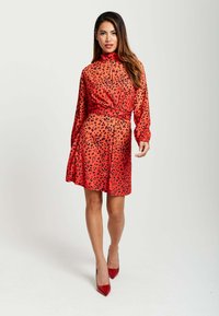 Red leopard print dress with a high collar, long sleeves, and a knotted waist detail. Smooth fabric and above-the-knee length. Red high heels.