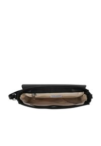 Schwarze Lederhandtasche mit strukturiertem Äußeren, Reißverschluss und beigem Innenfutter, das eine kleine Reißverschlusstasche enthält. Kompakte und flache Form.