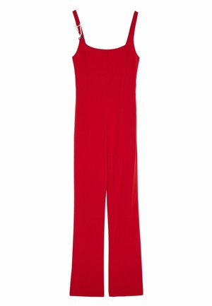 Rød jumpsuit med brede ben, firkantet halsudskæring og justerbare stropper. Lavet af et glat, ensfarvet stof uden mønstre eller udsmykninger.