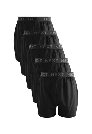 Schwarze Boxershorts mit einem grauen elastischen Bund, der mit der Marke "NEXT" versehen ist. Fünf Paare sind in einer Reihe angeordnet, die ein einheitliches Design und eine gleichmäßige Textur zeigen.