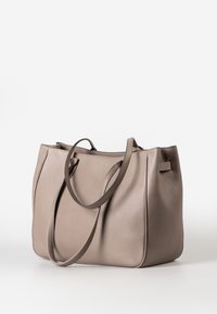 Graue Leder-Umhängetasche mit glatter Textur, abgerundeten Kanten, doppelten Griffen und minimalistischem Design. Keine sichtbaren Beschläge oder Muster.