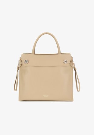 Beige leren handtas met een gestructureerd ontwerp, bovenhandvatten, een afneembare schouderriem en zilveren hardwareaccenten. Het logo is op de voorkant geperst.