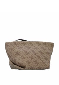 Borsa a tracolla marrone con motivo, caratterizzata da una texture morbida, un'ampia apertura e un manico sottile. Il materiale è resistente e presenta un design distintivo.