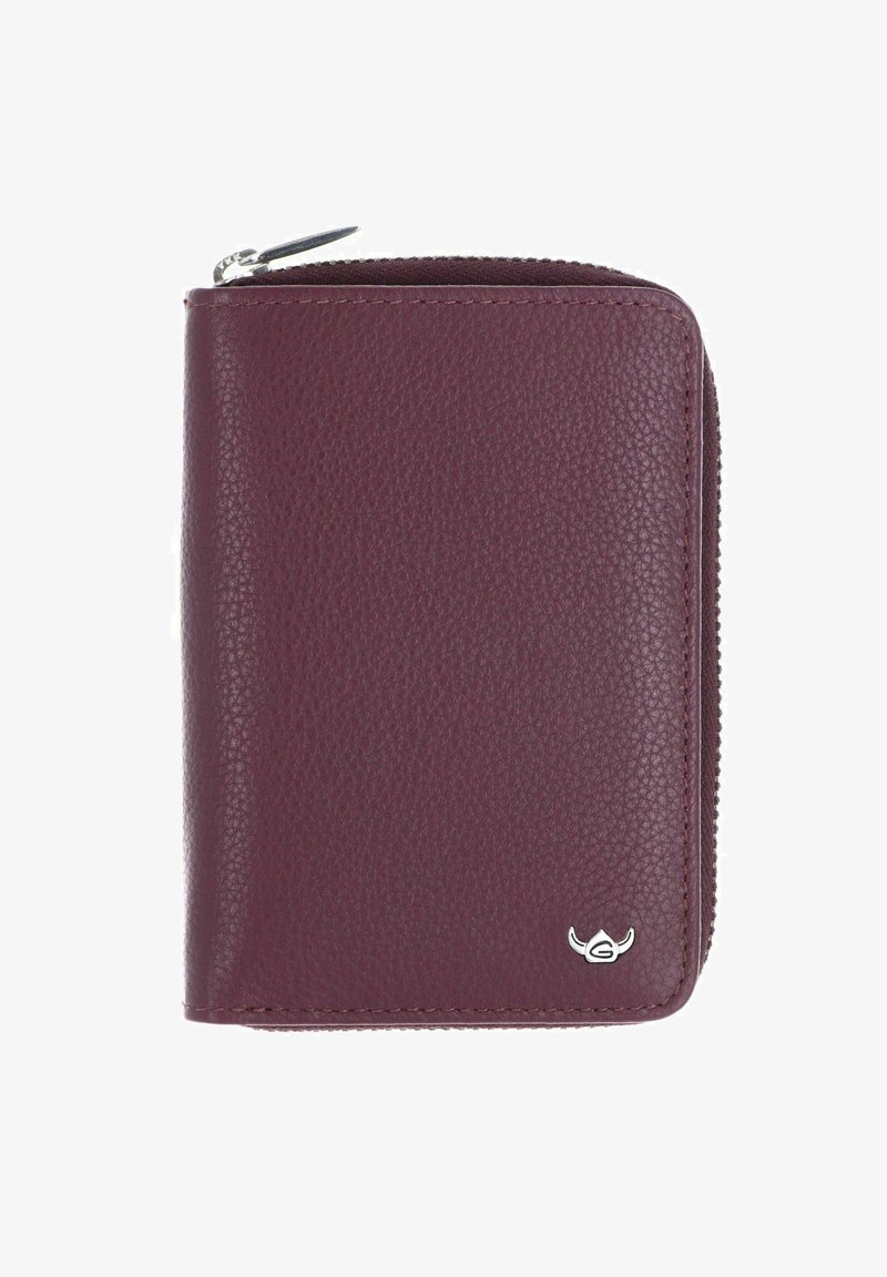 Portefeuille compact en cuir bordeaux avec texture visible, fermeture éclair argentée sur le dessus et le bord droit, et petit logo argenté en bas à droite.