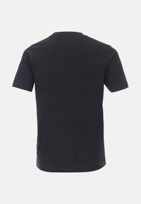 T-shirt nera a maniche corte, vista da dietro, con scollatura rotonda, su sfondo bianco.