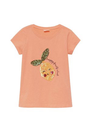 T-shirt pêche à manches courtes pour enfants avec un citron souriant en sequins et des feuilles vertes, texte « happy fruits club » sur le devant.